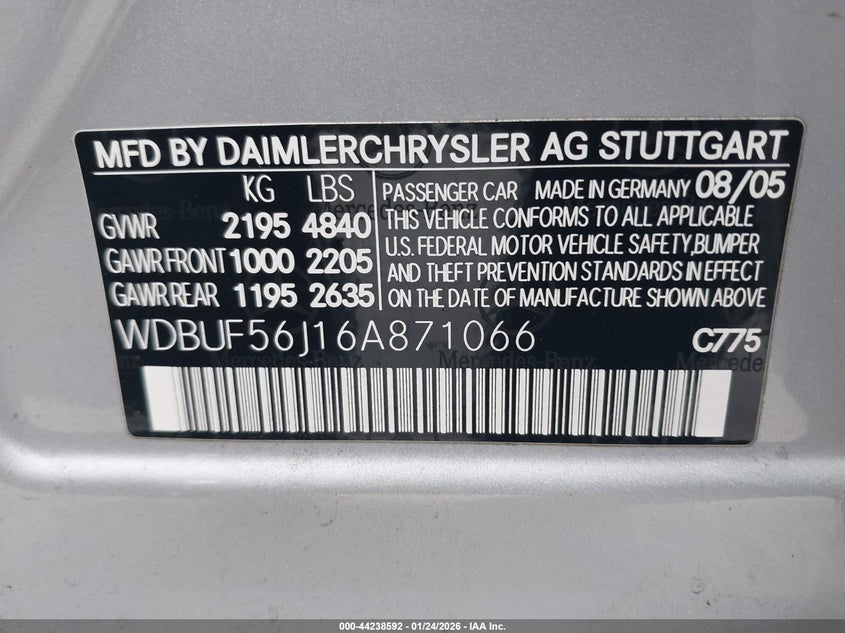 2006 Mercedes-Benz E 350 VIN: WDBUF56J16A871066 Lot: 44238592
