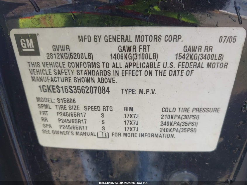 2005 GMC Envoy Xl Sle VIN: 1GKES16S356207084 Lot: 44238724