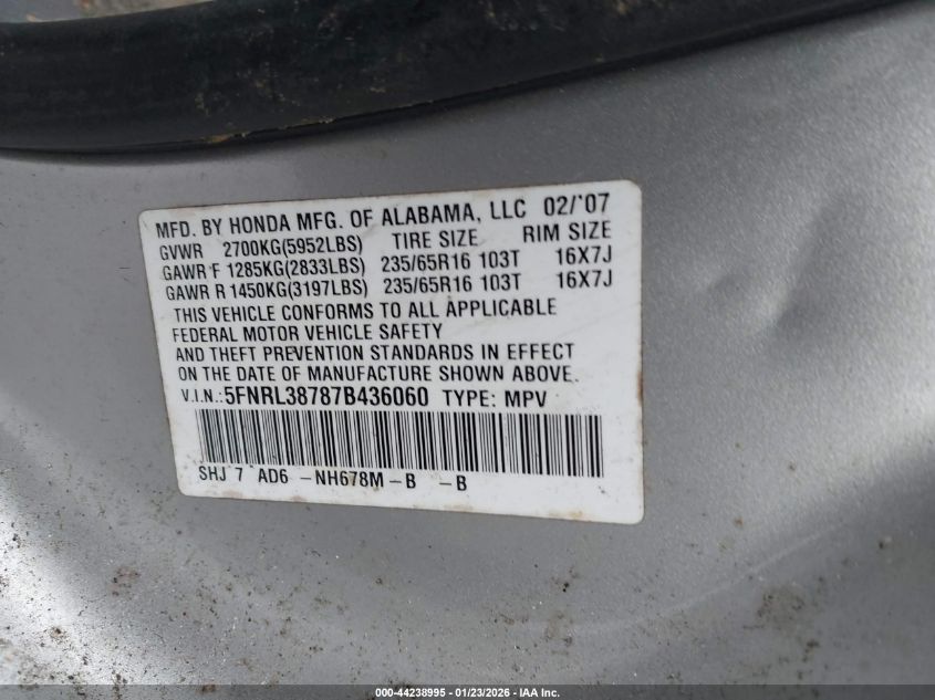 2007 Honda Odyssey Ex-L VIN: 5FNRL38787B436060 Lot: 44238995