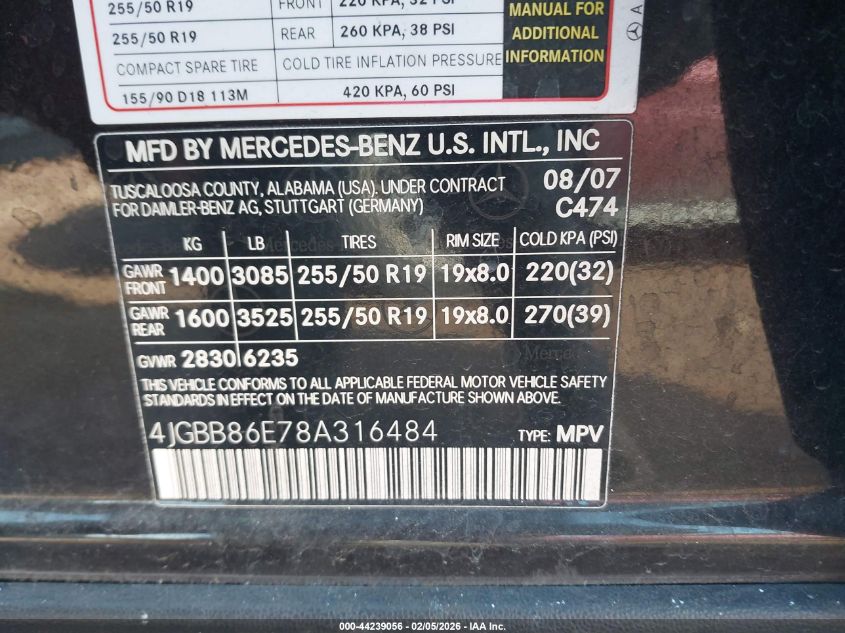 2008 Mercedes-Benz Ml 350 4Matic VIN: 4JGBB86E78A316484 Lot: 44239056