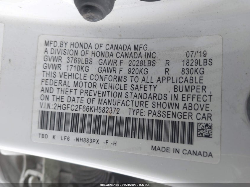2019 Honda Civic Lx VIN: 2HGFC2F66KH582372 Lot: 44239189