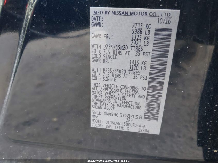 2017 Infiniti Qx60 VIN: 5N1DL0MM5HC508458 Lot: 44239253