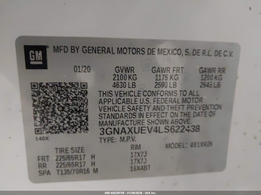 VIN 3GNAXUEV4LS622438 2020 CHEVROLET EQUINOX AWD LT 1.5L TURBO