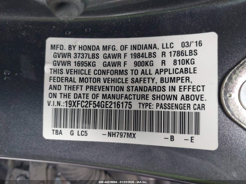 2016 Honda Civic Lx VIN: 19XFC2F54GE216175 Lot: 44239864