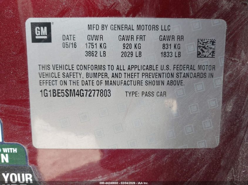 2016 Chevrolet Cruze Lt Auto VIN: 1G1BE5SM4G7277803 Lot: 44240880