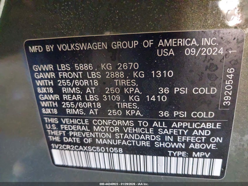 2025 Volkswagen Atlas 2.0T Peak Edition VIN: 1V2CR2CAXSC501058 Lot: 44240923