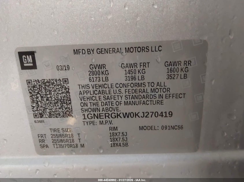 2019 Chevrolet Traverse 1Lt VIN: 1GNERGKW0KJ270419 Lot: 44240992