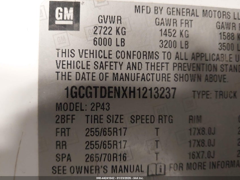 VIN 1GCGTDENXH1213237 2017 CHEVROLET COLORADO Z71