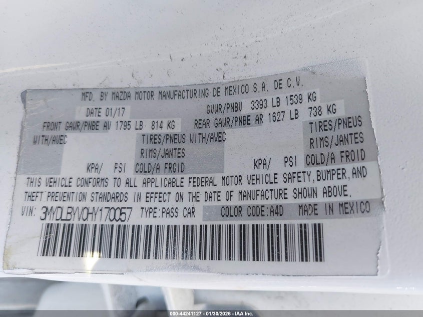 VIN 3MYDLBYV0HY170057 2017 TOYOTA YARIS IA