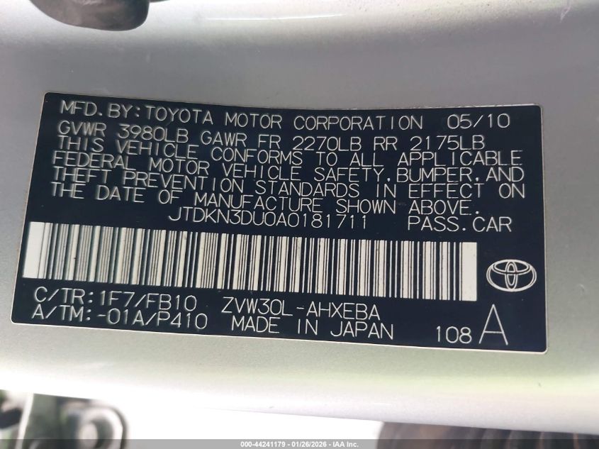 2010 Toyota Prius Ii VIN: JTDKN3DU0A0181711 Lot: 44241179