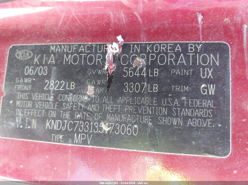 2003 Kia Sorento Ex/Lx VIN: KNDJC733135173060 Lot: 44241282