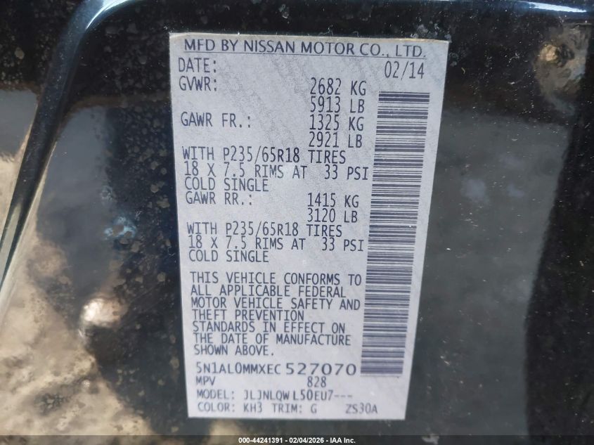 2014 Infiniti Qx60 VIN: 5N1AL0MMXEC527070 Lot: 44241391