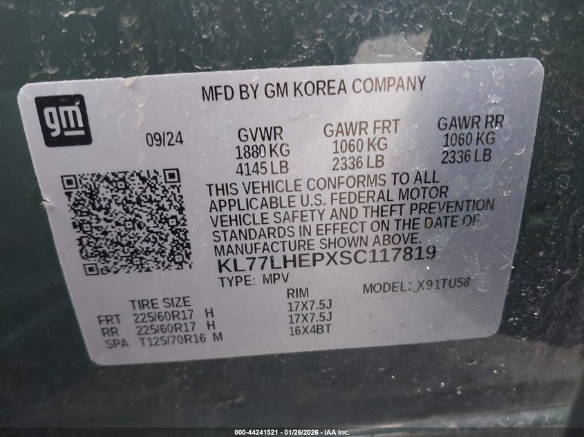 2025 Chevrolet Trax Fwd Lt VIN: KL77LHEPXSC117819 Lot: 44241521