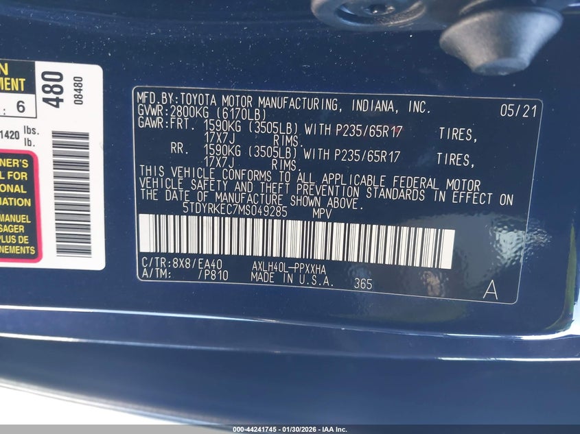 2021 Toyota Sienna Xle VIN: 5TDYRKEC7MS049285 Lot: 44241745