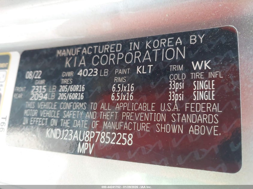 2023 Kia Soul Lx VIN: KNDJ23AU8P7852258 Lot: 44241752