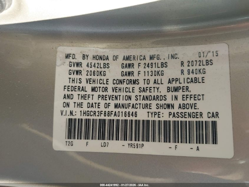 2015 Honda Accord Ex-L V-6 VIN: 1HGCR3F88FA016646 Lot: 44241992