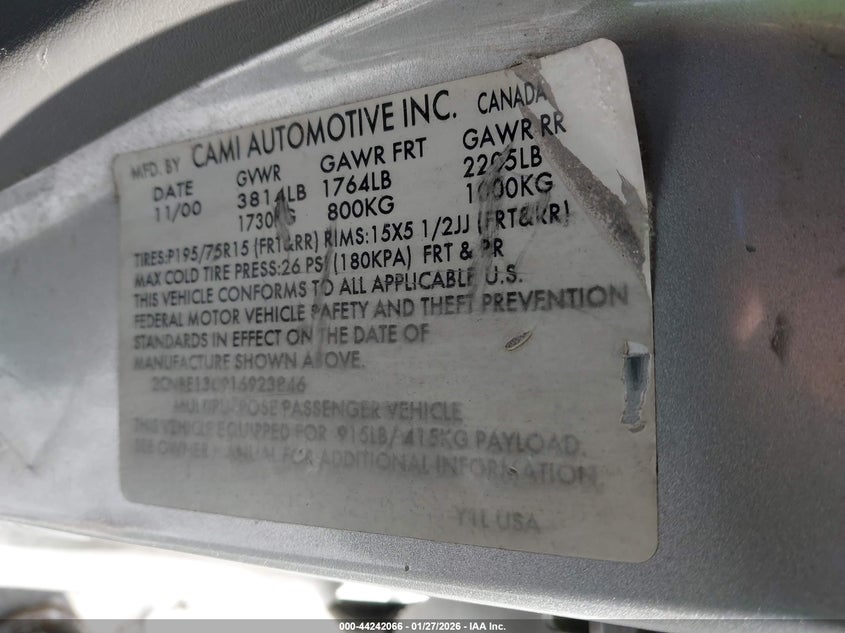 2001 Chevrolet Tracker Hard Top Base VIN: 2CNBE13C916923846 Lot: 44242066
