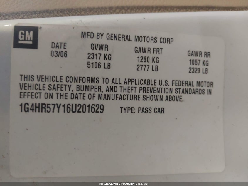 2006 Buick Lucerne Cxl VIN: 1G4HR57Y16U201629 Lot: 44242201