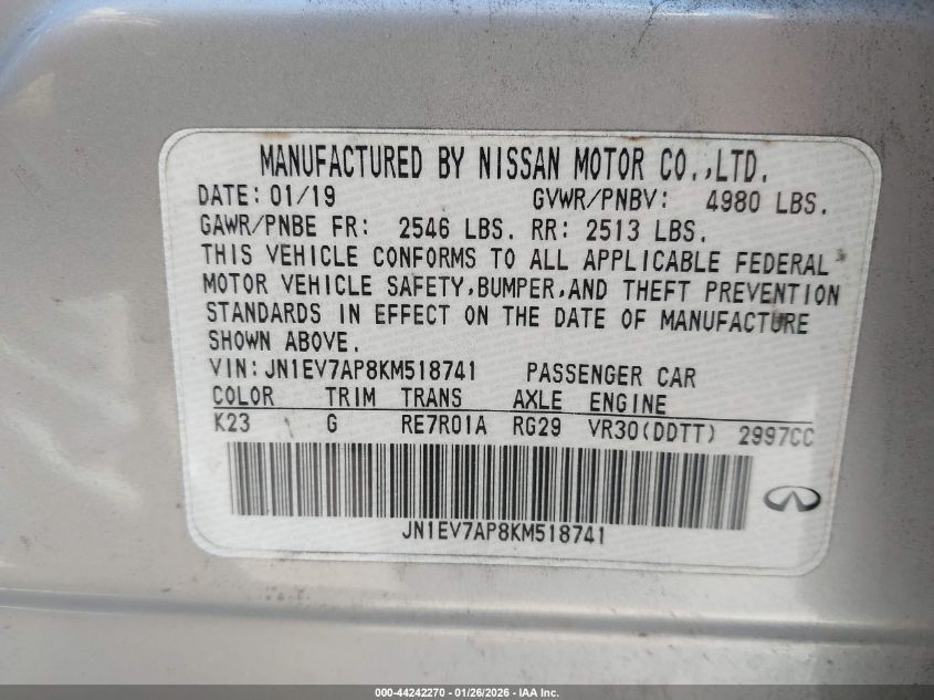 2019 Infiniti Q50 3.0T Luxe VIN: JN1EV7AP8KM518741 Lot: 44242270