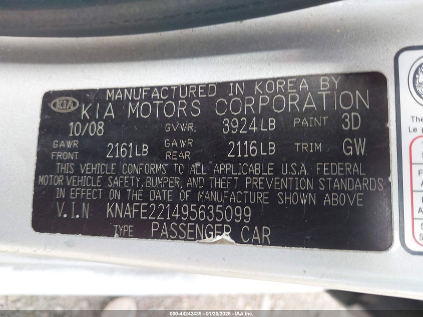 2009 Kia Spectra Lx VIN: KNAFE221495635099 Lot: 44242439