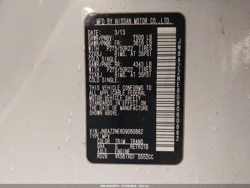 2013 Infiniti Qx56 VIN: JN8AZ2NE6D9060882 Lot: 44242574