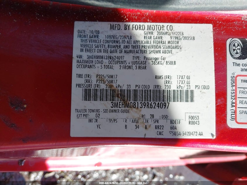 2009 Mercury Milan V6 Premier VIN: 3MEHM08139R624097 Lot: 44242674