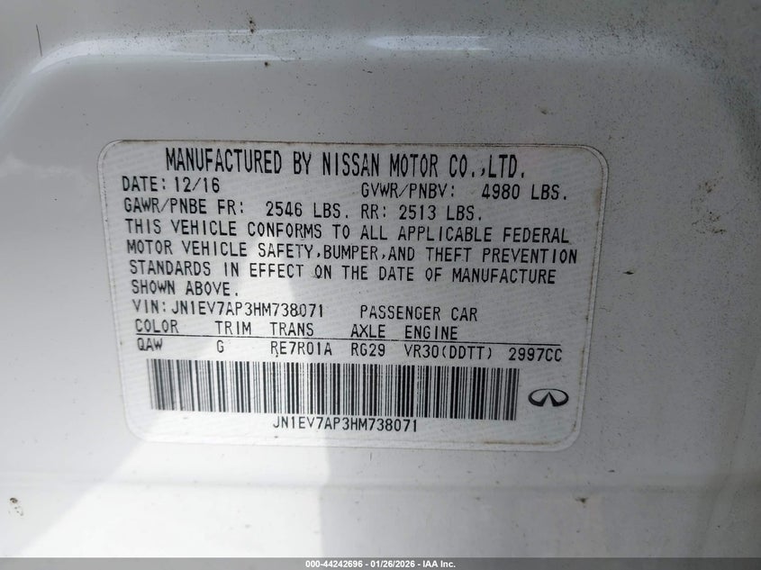 VIN JN1EV7AP3HM738071 2017 INFINITI Q50 3.0T PREMIUM