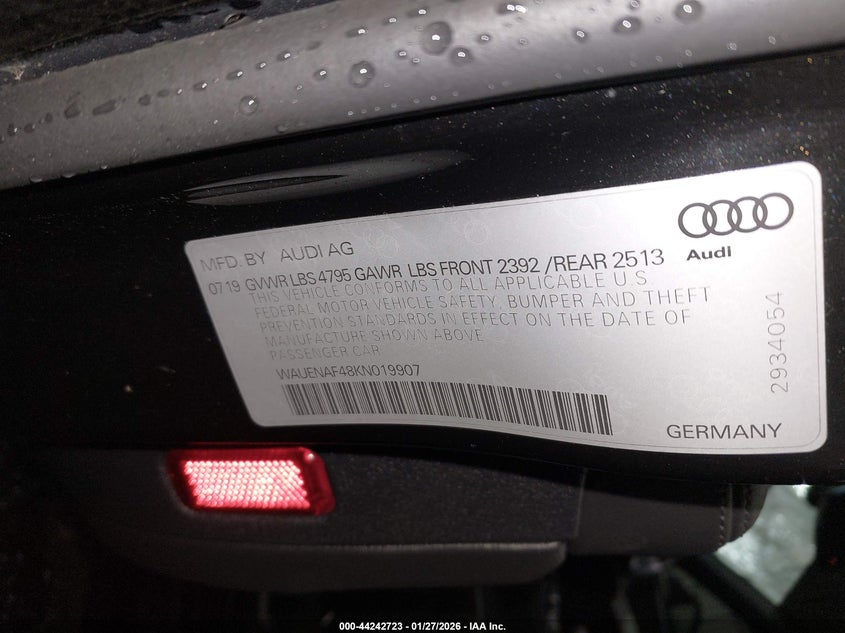 2019 Audi A4 45 Premium VIN: WAUENAF48KN019907 Lot: 44242723