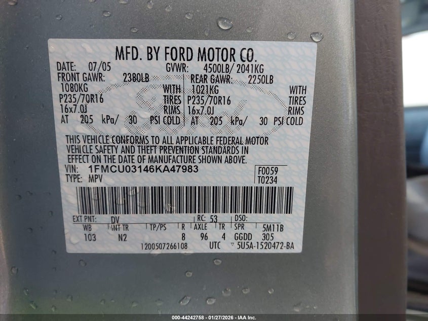 2006 Ford Escape Xlt/Xlt Sport VIN: 1FMCU03146KA47983 Lot: 44242758