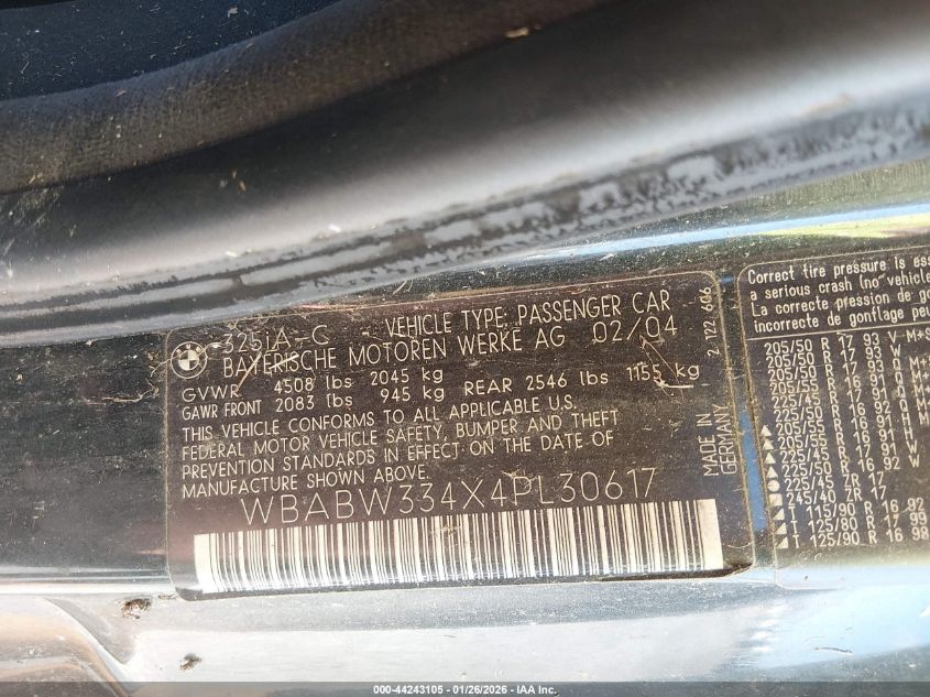 2004 BMW 325Ci VIN: WBABW334X4PL30617 Lot: 44243105