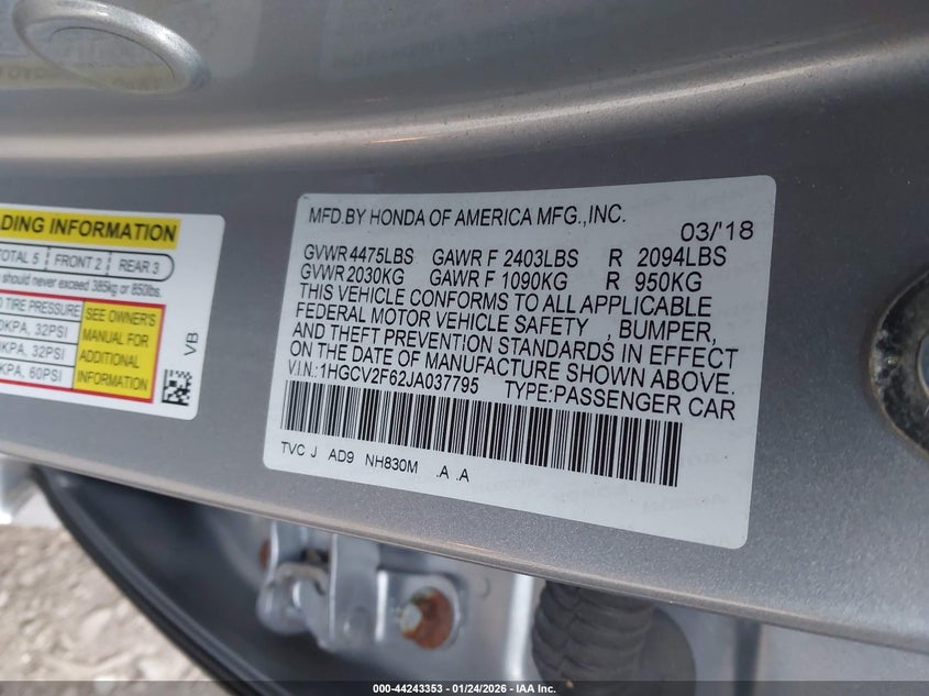 VIN 1HGCV2F62JA037795 2018 HONDA ACCORD EX-L 2.0T