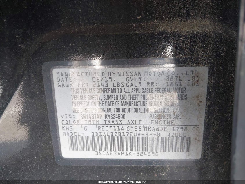 2019 Nissan Sentra S VIN: 3N1AB7AP1KY324590 Lot: 44243453