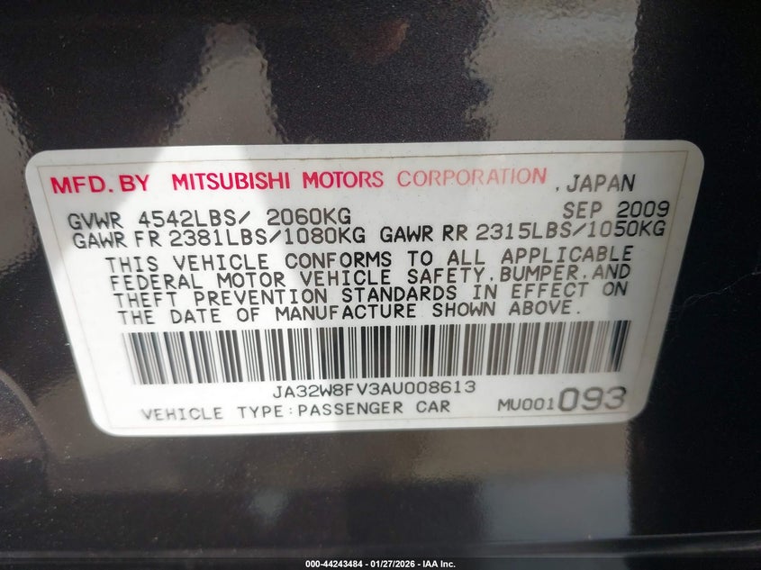 2010 Mitsubishi Lancer Evolution Gsr VIN: JA32W8FV3AU008613 Lot: 44243484