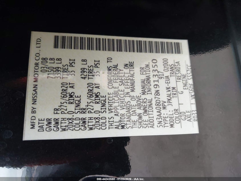 2008 Infiniti Qx56 VIN: 5N3AA08D78N913350 Lot: 44243588