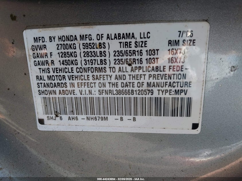 2006 Honda Odyssey Ex-L VIN: 5FNRL38666B120579 Lot: 44243694