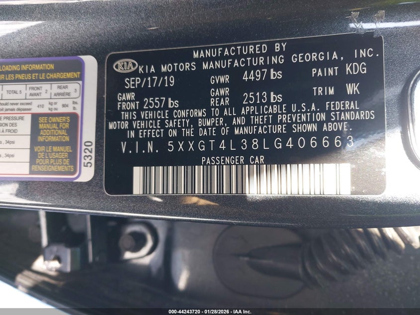 2020 Kia Optima S VIN: 5XXGT4L38LG406663 Lot: 44243720