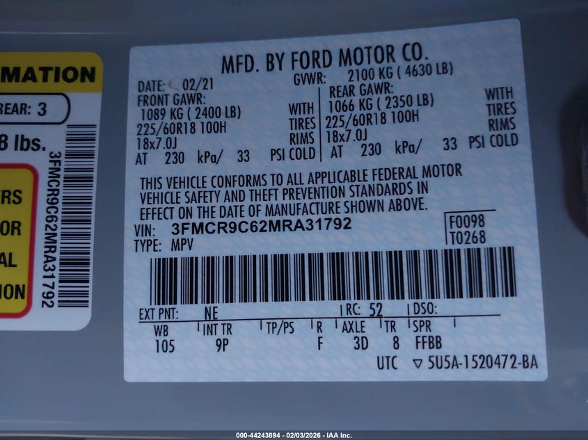 2021 Ford Bronco Sport Outer Banks VIN: 3FMCR9C62MRA31792 Lot: 44243894