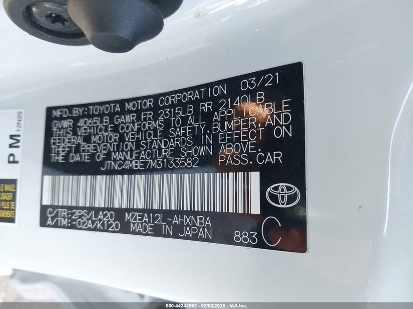 VIN JTNC4MBE7M3133582 2021 TOYOTA COROLLA XSE