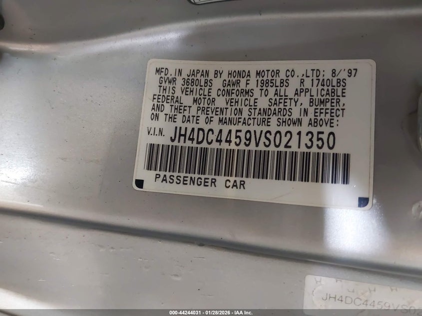 1997 Acura Integra Ls VIN: JH4DC4459VS021350 Lot: 44244031