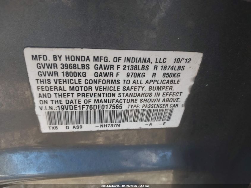 2013 Acura Ilx 2.0L VIN: 19VDE1F76DE017565 Lot: 44244215