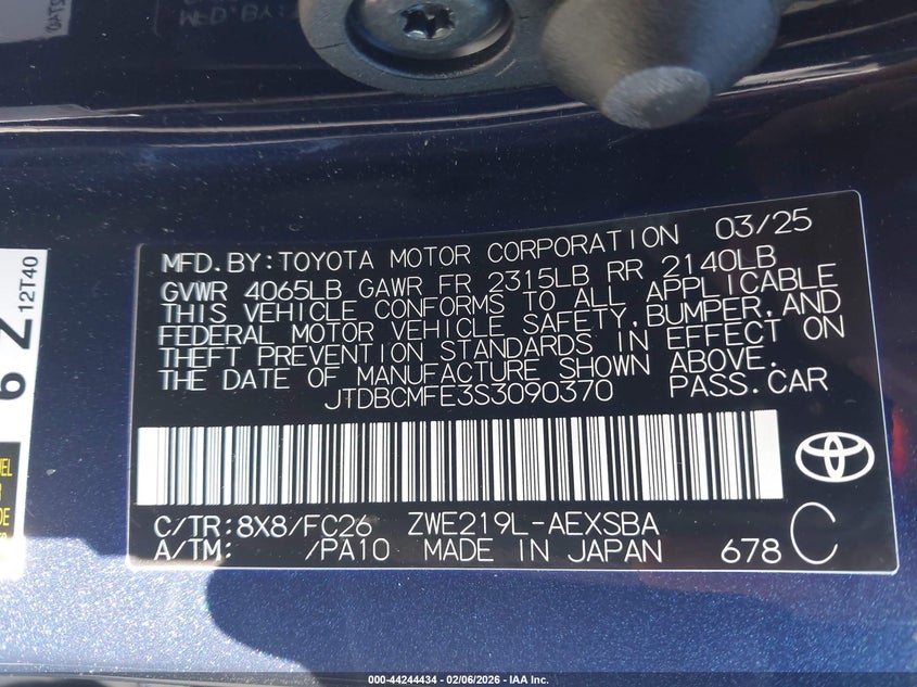 VIN JTDBCMFE3S3090370 2025 TOYOTA COROLLA HYBRID SE
