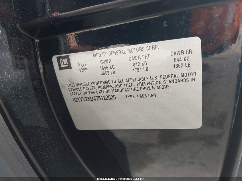 2007 Chevrolet Corvette VIN: 1G1YY25U475122028 Lot: 44244467