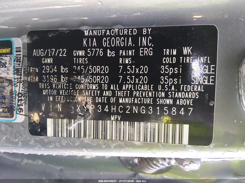 2022 Kia Telluride Ex VIN: 5XYP34HC2NG315847 Lot: 44245027