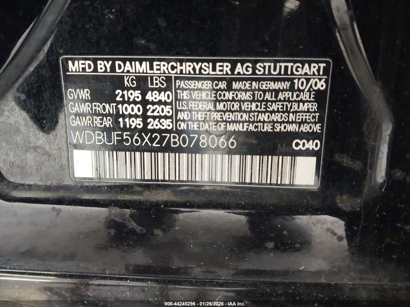 2007 Mercedes-Benz E 350 VIN: WDBUF56X27B078066 Lot: 44245296