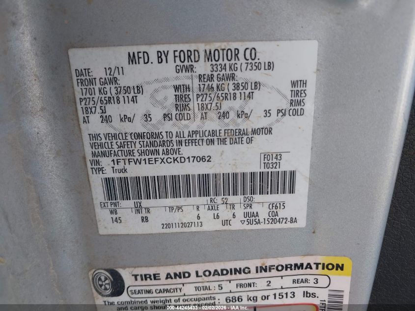 2012 Ford F-150 Fx4 VIN: 1FTFW1EFXCKD17062 Lot: 44245433