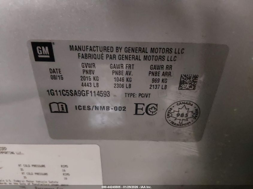 2016 Chevrolet Malibu Limited Lt VIN: 1G11C5SA9GF114593 Lot: 44245505