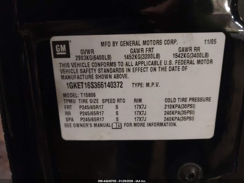 2006 GMC Envoy Xl Slt VIN: 1GKET16S366140372 Lot: 44245780