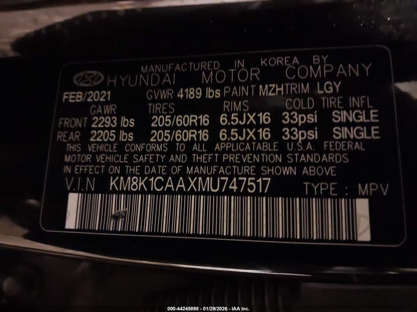 VIN KM8K1CAAXMU747517 2021 HYUNDAI KONA SE