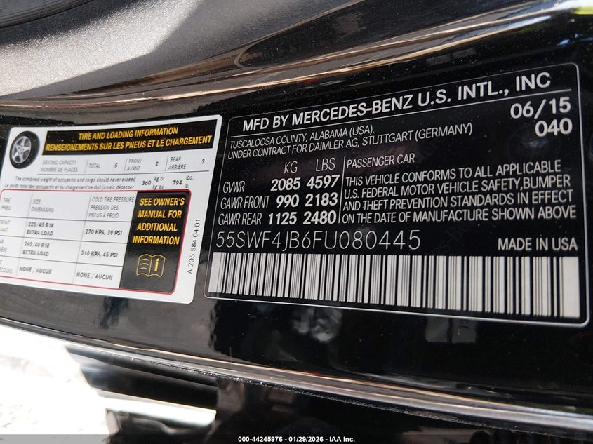 2015 Mercedes-Benz C 300 VIN: 55SWF4JB6FU080445 Lot: 44245976