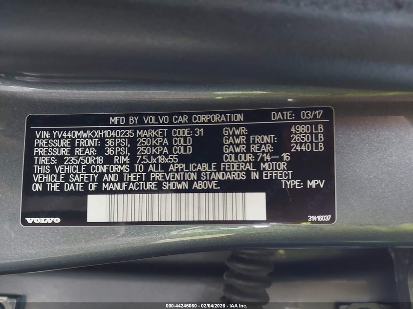 2017 Volvo V60 Cross Country T5 VIN: YV440MWKXH1040235 Lot: 44246060